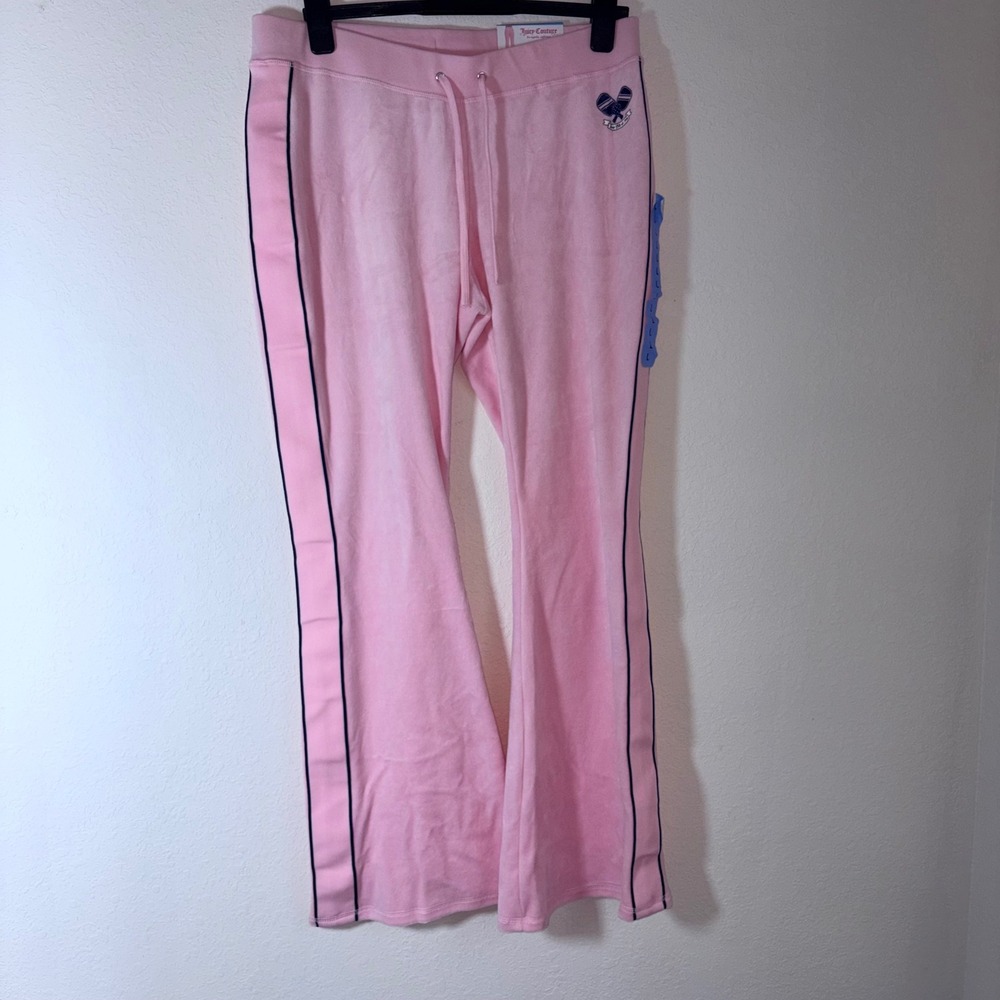 Juicy Couture Velour Pants Large Pink  Wide Leg Side Stripe Pickleball Graphic